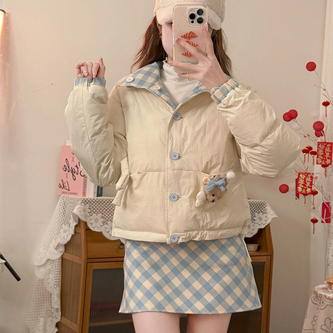 樱桃慕斯蓝格 织物猪原创 粉色千金感格纹小香风圣诞新年面包服