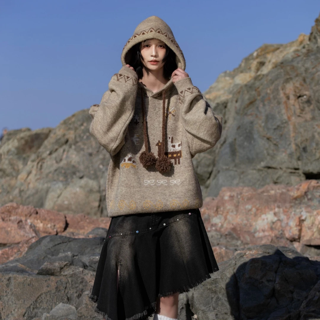 早乙女惠子「琥珀流光」saotome 日系游牧风提花连帽毛衣3246