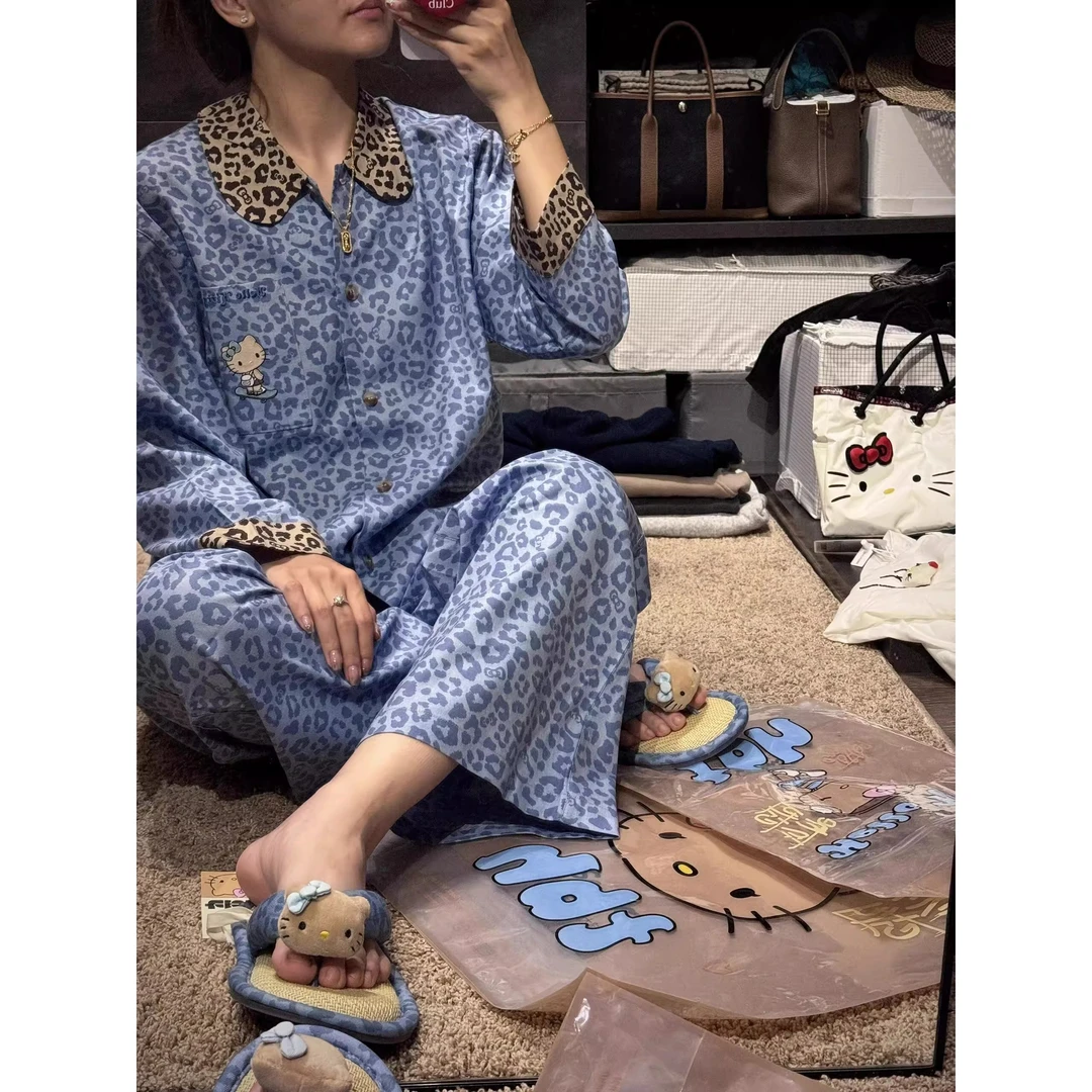 日系甜酷设计感豹纹印花睡衣女夏季新款长袖长裤家居服套装可外穿