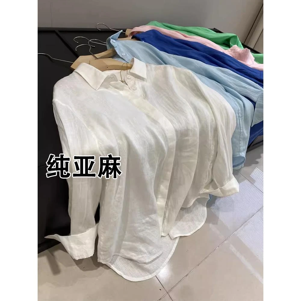 法式白色亚麻衬衫女夏季薄款宽松气质老钱风棉麻衬衣外搭防晒上衣