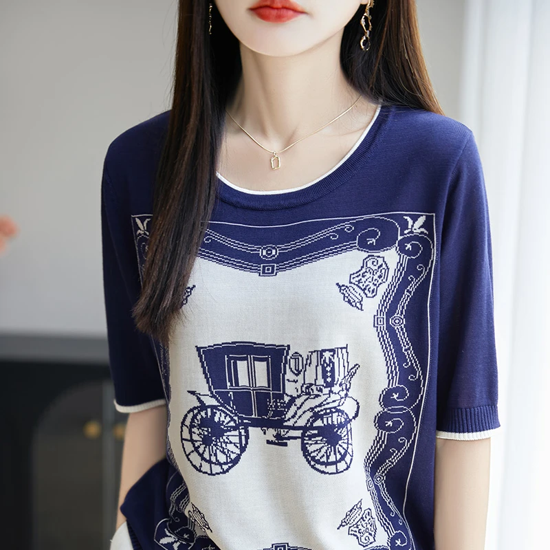 【复古马车】夏季新款时尚数码提花上衣女百搭宽松短袖T恤衫打底