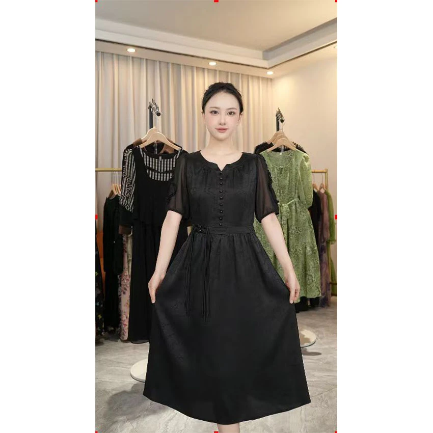 L039 高档简约连衣裙2024年新款女装收腰显瘦中长款连衣裙
