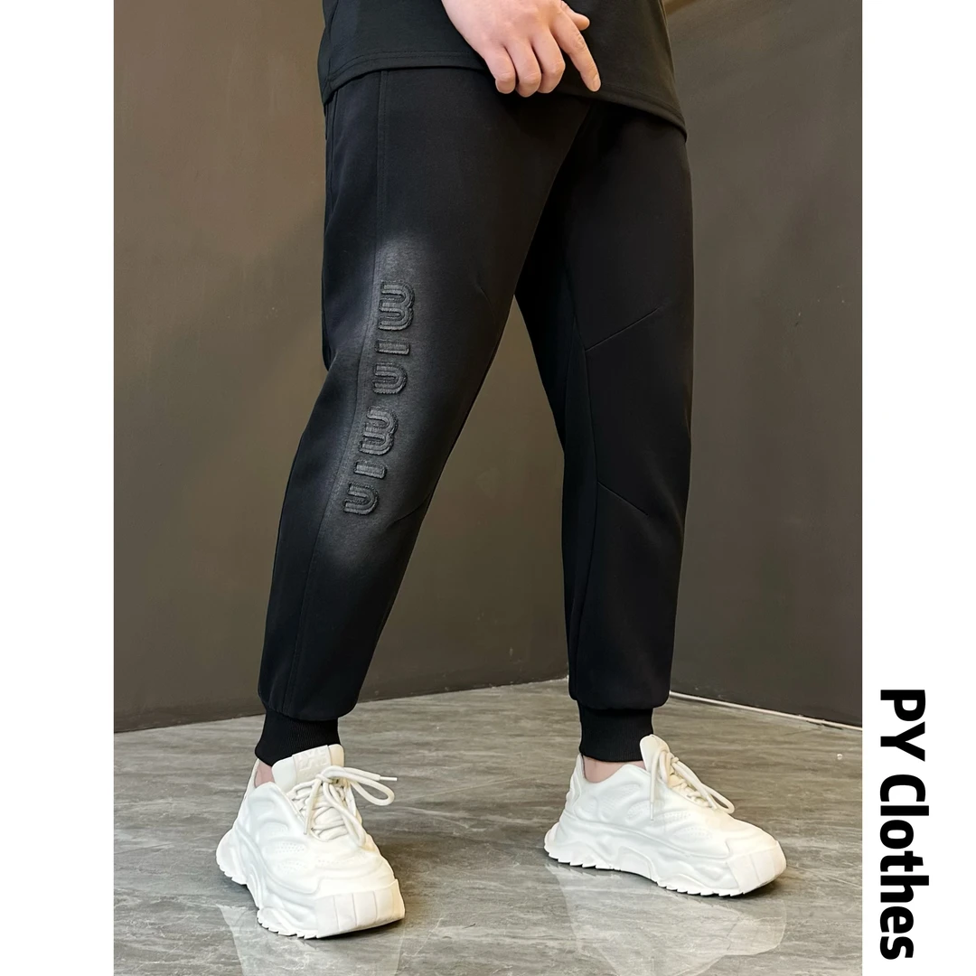 胖语大码男装  2025春季新款简约百搭重工水洗贴布绣卫裤9223#N