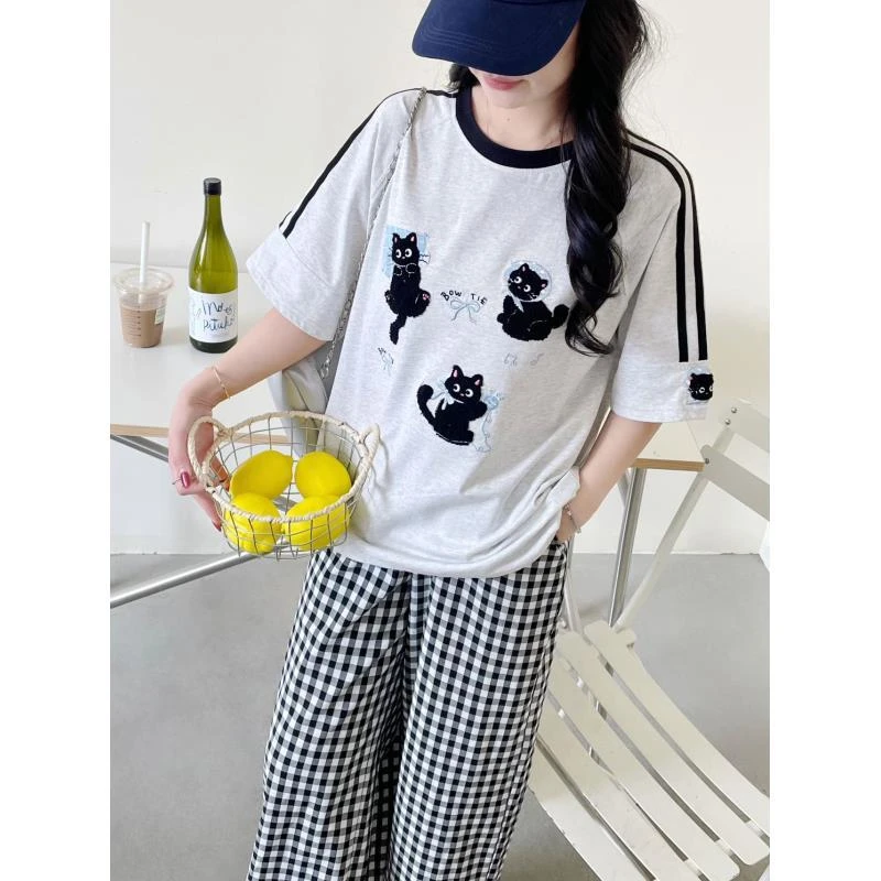 小慧 【三只猫】夏季奶FUFU刺绣休闲短袖T恤IR67