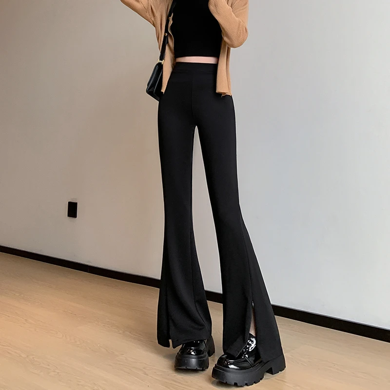 E0016拉链开叉喇叭裤时尚单品垂感休闲 开叉/不开叉设计显瘦高腰