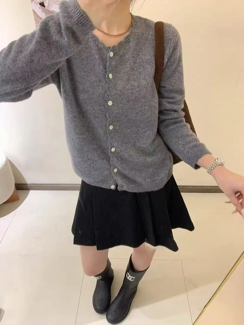 /372/羊绒羊毛花边针织开衫女百搭毛衣外套潮