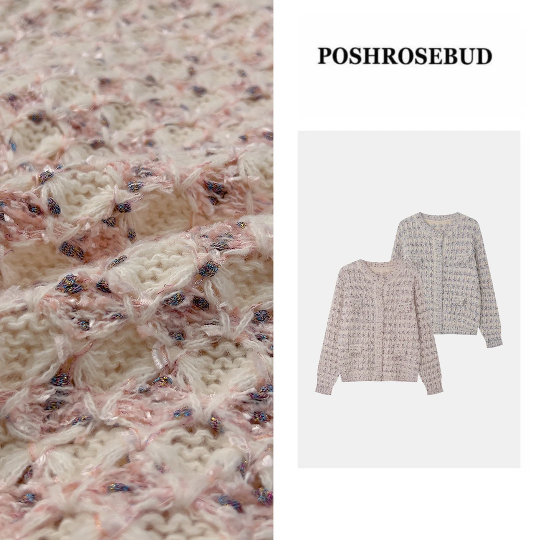 【POSHROSEBUD】圆领花纱小香风针织开衫秋冬通勤时尚百搭上衣L801