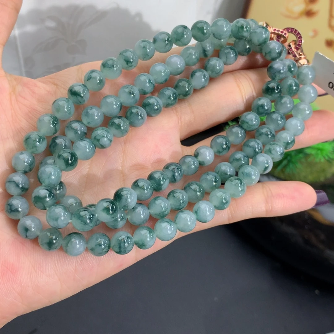 翡翠未镶嵌手串卡7胶润蓝飘花项链