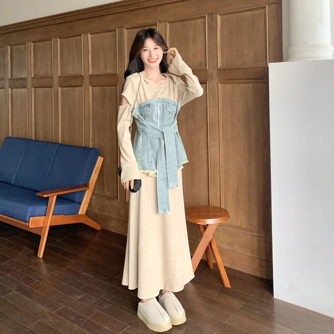 韩系氛围感套装裙女2025秋季新款牛仔拼接假两件上衣半身裙两件套