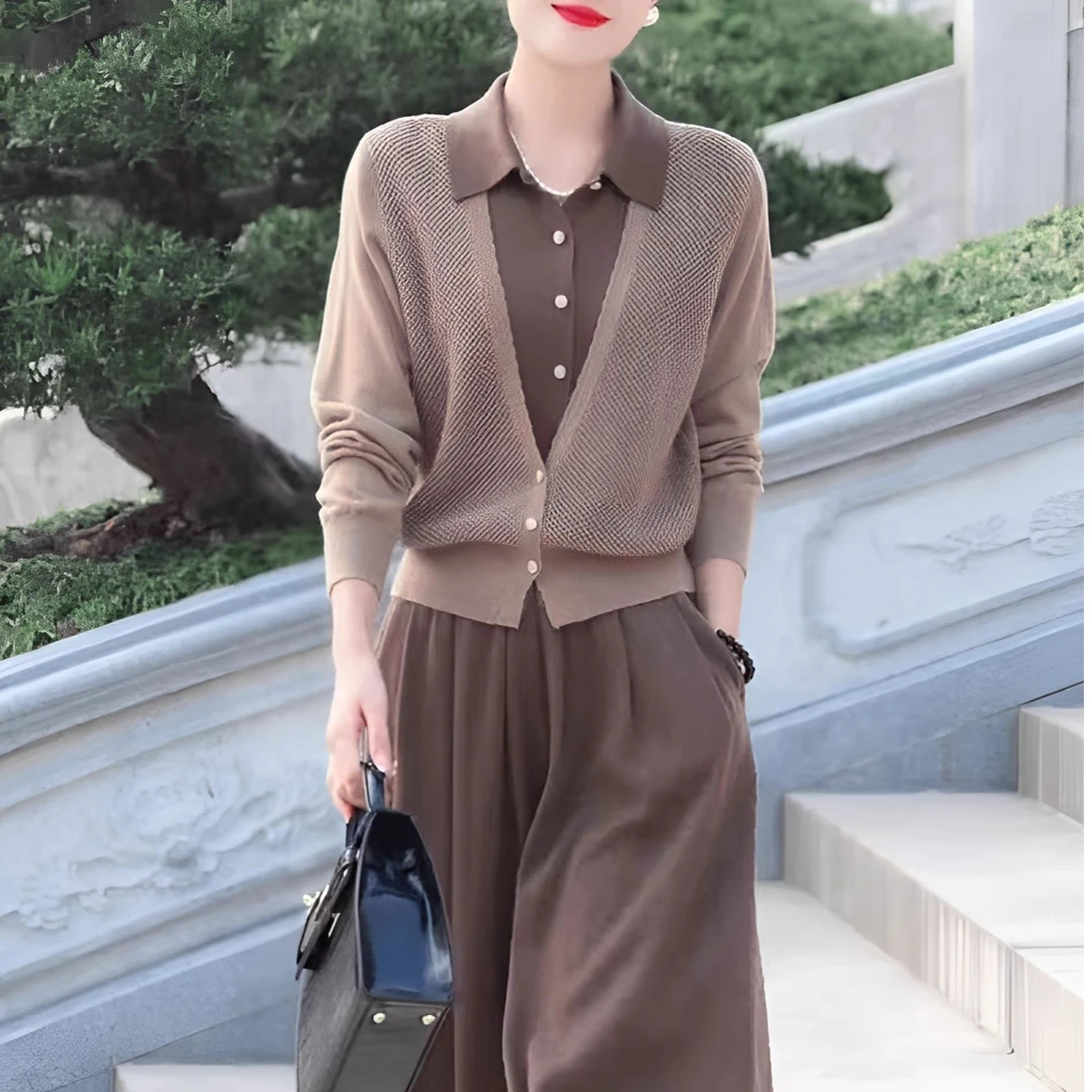 假两件翻领长袖上衣女春秋季新款宽松显瘦洋气减龄百搭时尚针织衫