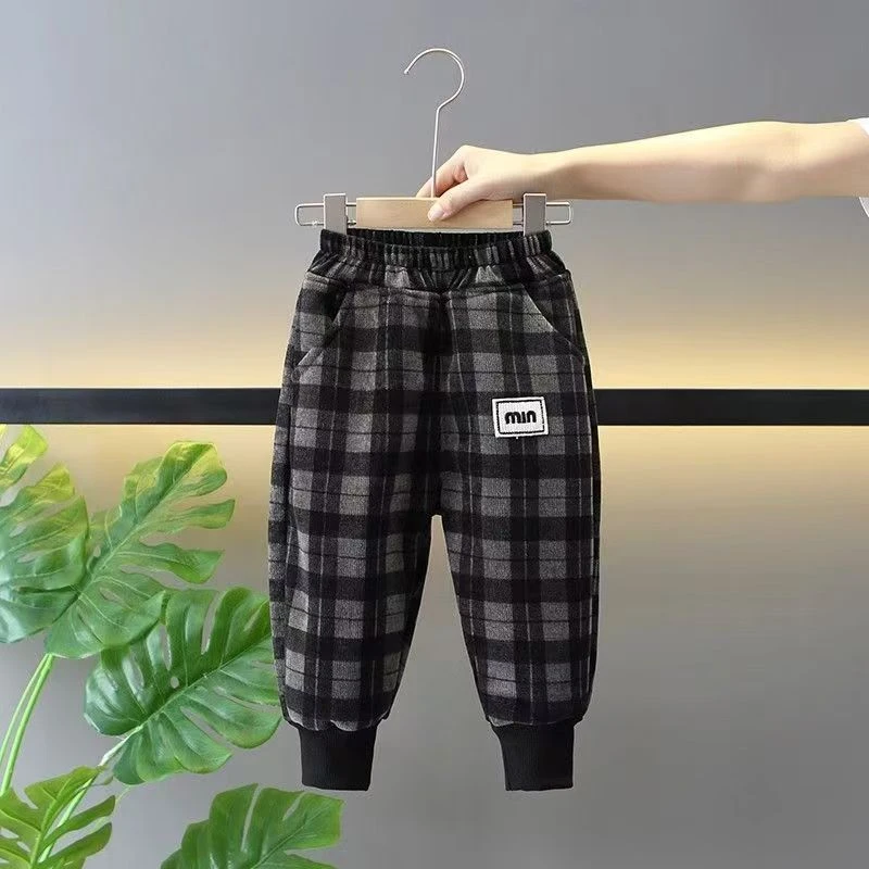 男童一体绒裤子冬季新款韩版洋气格子裤儿童装休闲裤小童加绒长裤