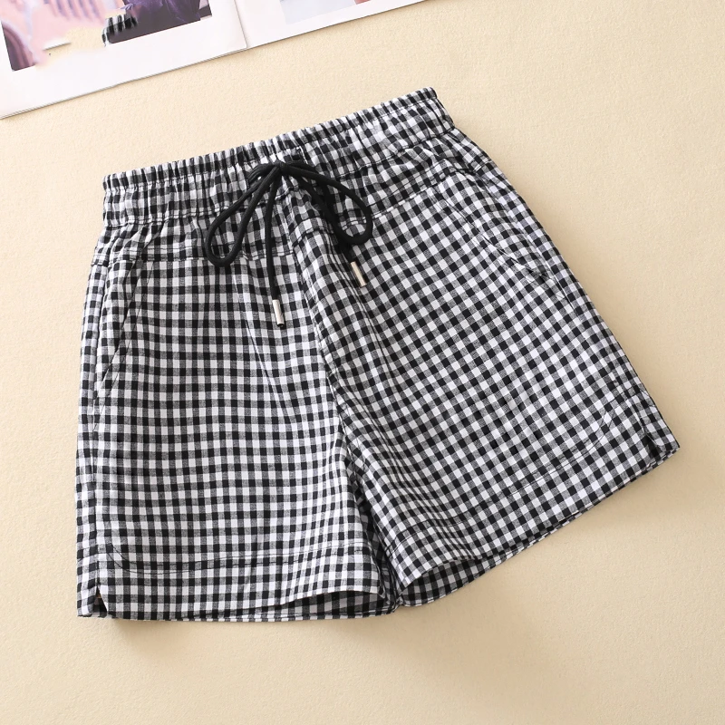 拉夏贝尔格纹短裤女2025夏季薄款新款松紧短裤女款爆款2025新款