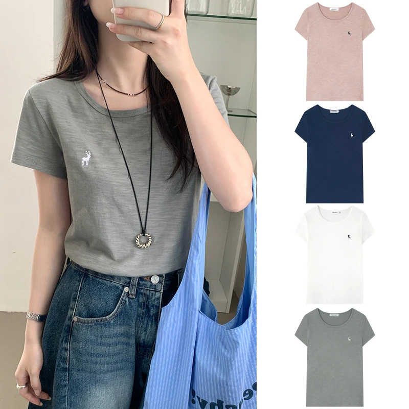 Miss sumeyY3793自制正肩基础白色圆领刺绣短袖t恤女夏季极简上衣