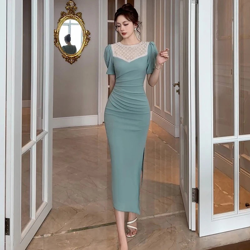 轻奢显瘦御姐风包臀连衣裙过膝长款显身材开叉气质修身裙子31191