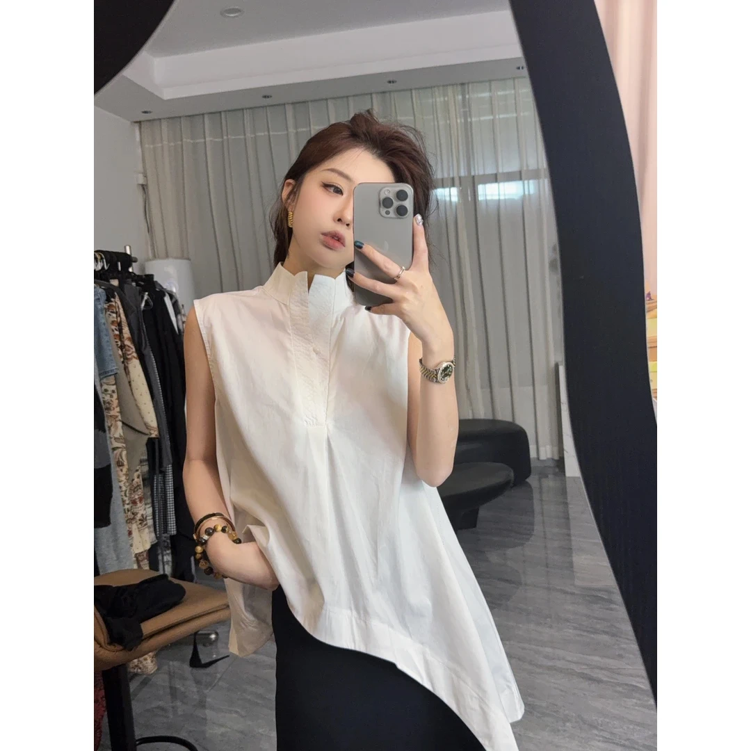 2025夏季新款设计师款慵懒重工立领不规则无袖衬衫马甲洋气衣服女