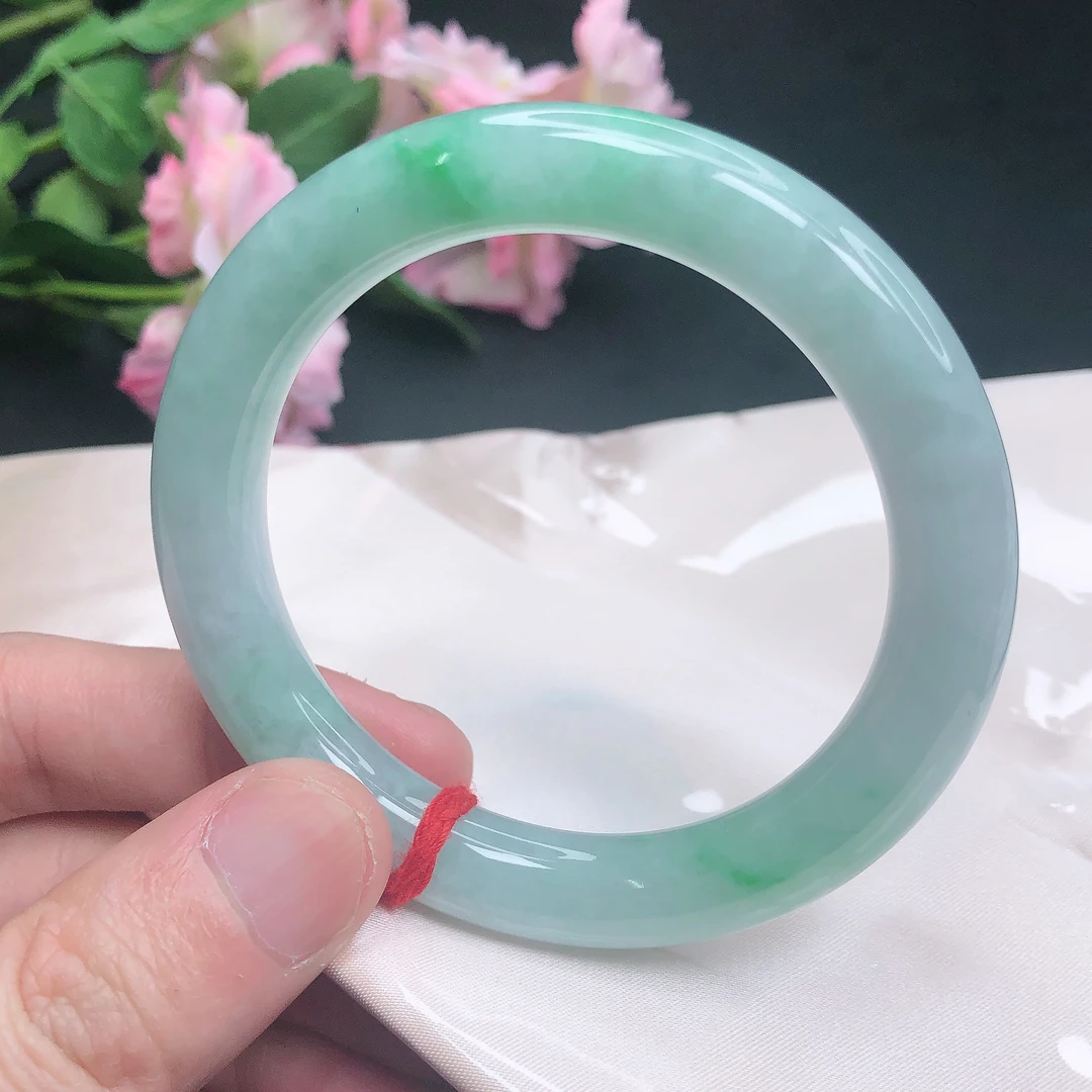 505 缅甸天然翡翠A货手镯 58圈冰润飘阳绿胖圆条翡翠手镯玉镯子