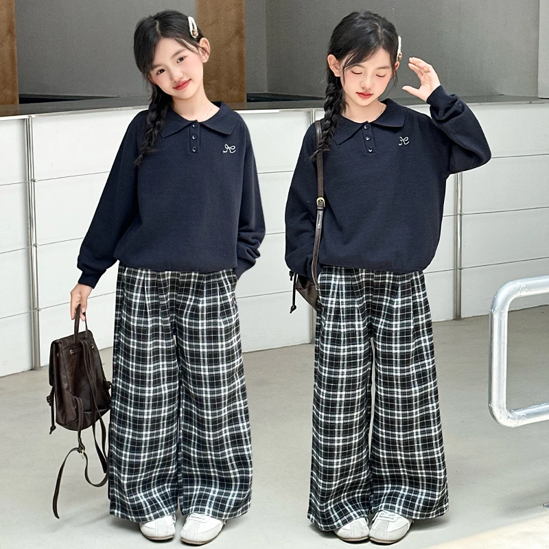 女童秋装套装2025年款衣服儿童春秋款中大童网红休闲格子裤两件套