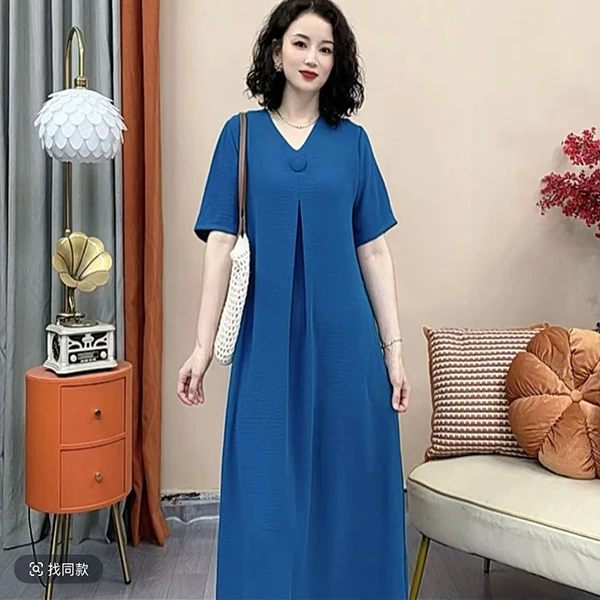 夏季新款宽松大码短袖纯色遮肚过膝高个子中长款妈妈装连衣裙109