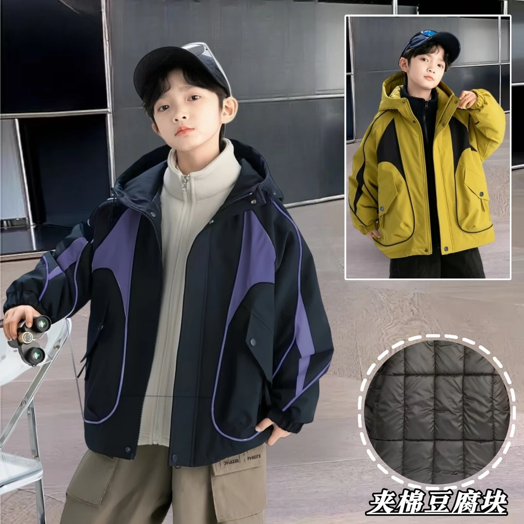 【夹棉豆腐块】男童棉衣外套加棉加厚2025新款中大童棉服男孩风衣帅