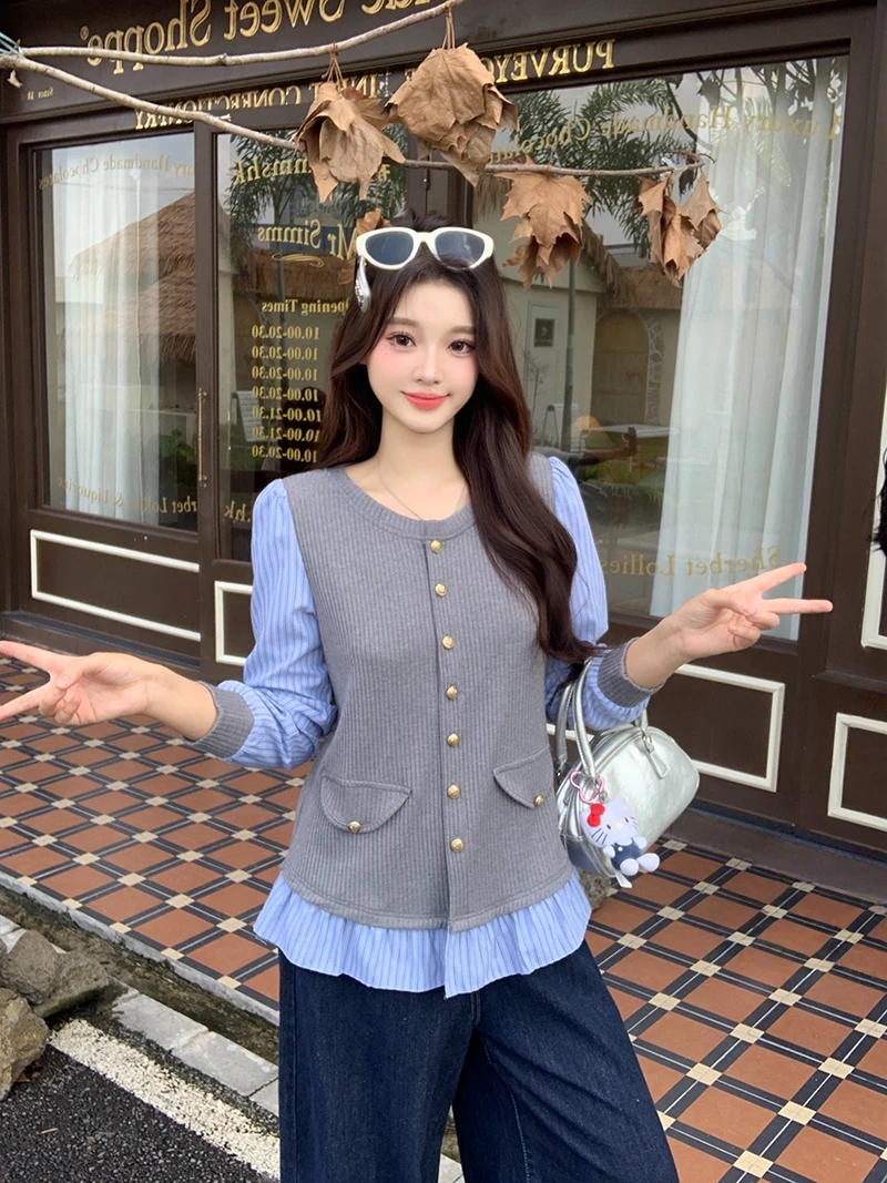 2025秋装新款胖mm休闲设计感减龄假两件拼接针织衬衫上衣A2607