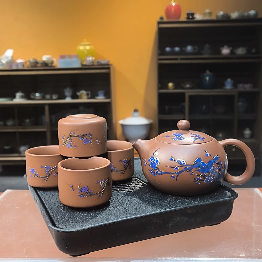 沐雨茶器 鸟语花香变色紫砂西施壶一壶四杯+茶盘-2908