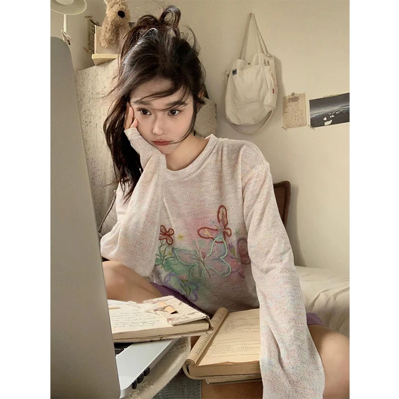 国潮牌盘带蝴蝶结刺绣防晒罩衫长袖t恤女夏季薄款宽松慵懒风上衣