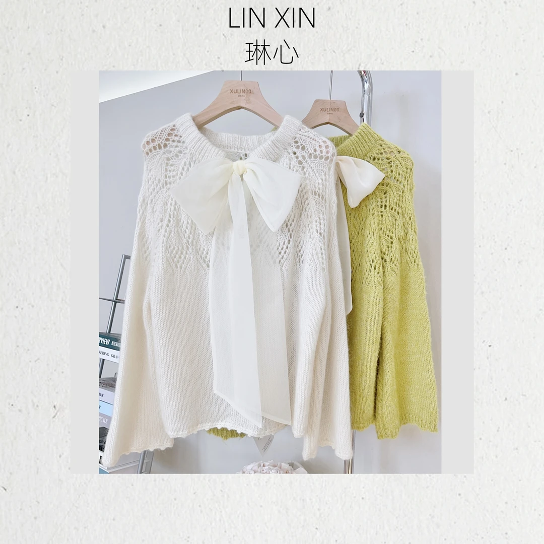 丨早秋法式系带蝴蝶结镂空温柔风显瘦毛针织上衣 QJR2258