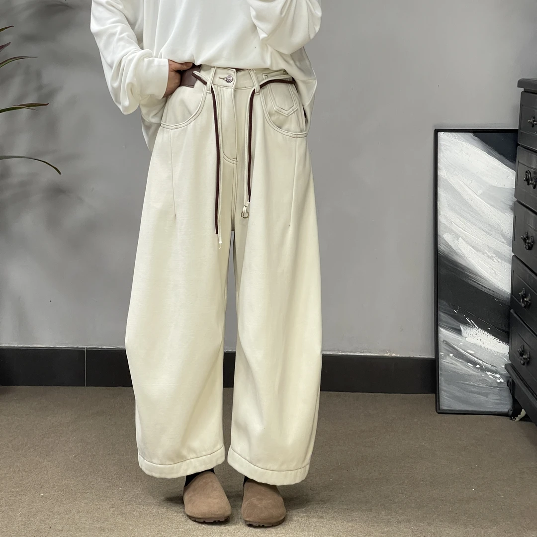 91026冬季加绒加厚阔腿牛仔裤大梨形身材高街街头复古宽松做旧款.