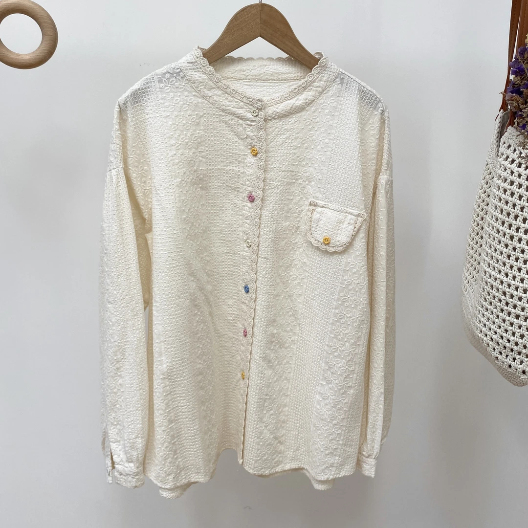 【立领花彩扣假口袋刺绣棉衬衫】4812