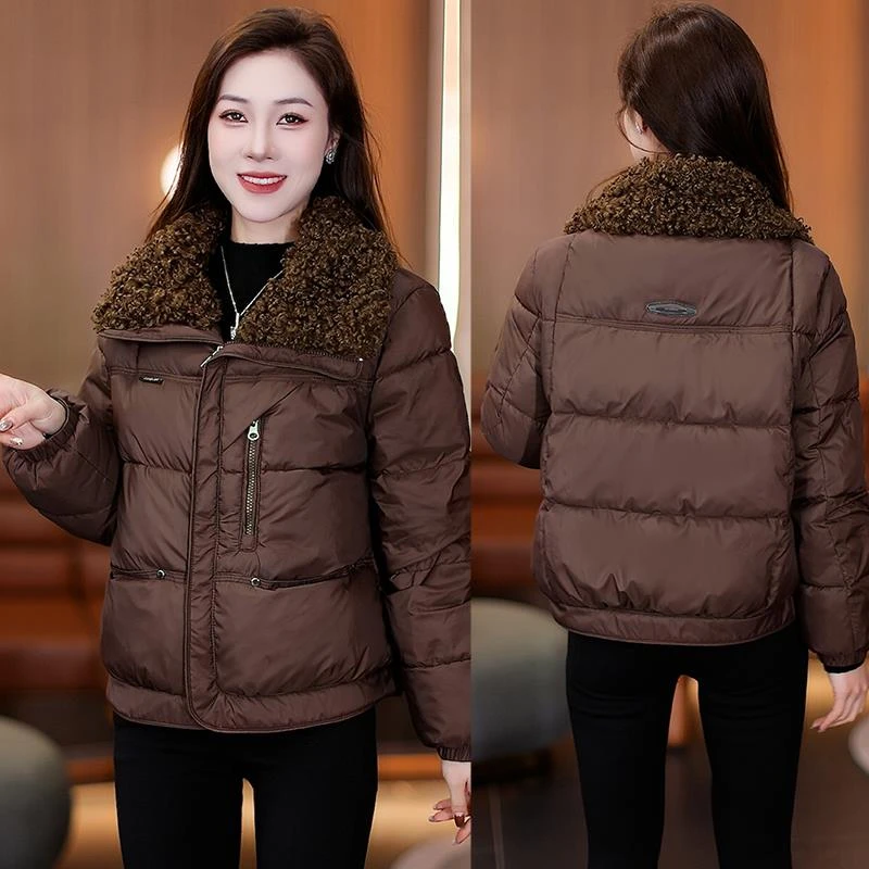 时尚时尚羊羔毛领短款棉服女2025冬季新款宽松显瘦加厚保暖棉衣外