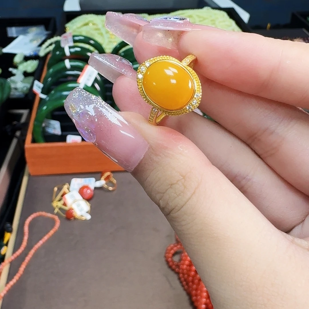 蜜蜡银S925镶嵌戒指蛋面戒指