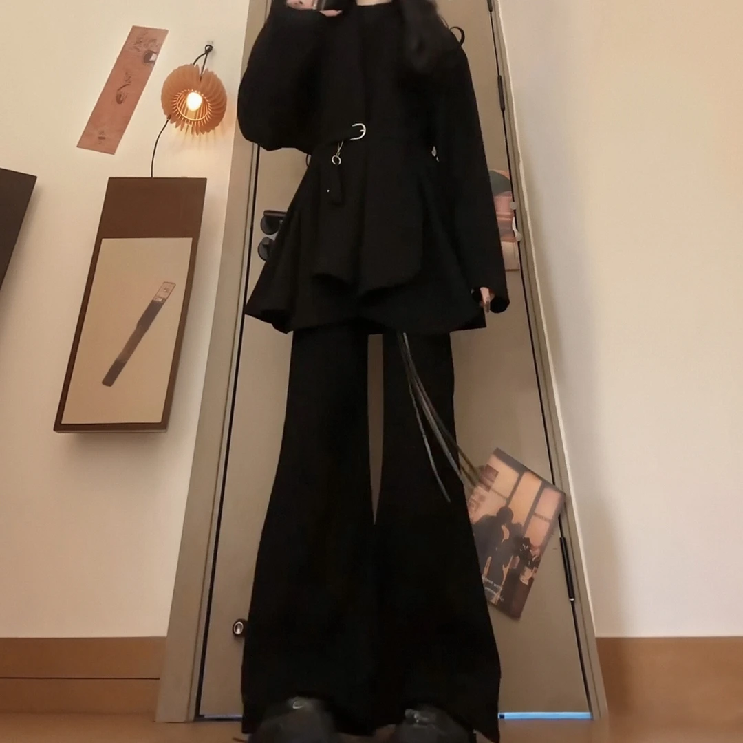 秋冬新款韩系高级感小香风毛呢外套微喇牛仔裤温柔时尚两件套装女