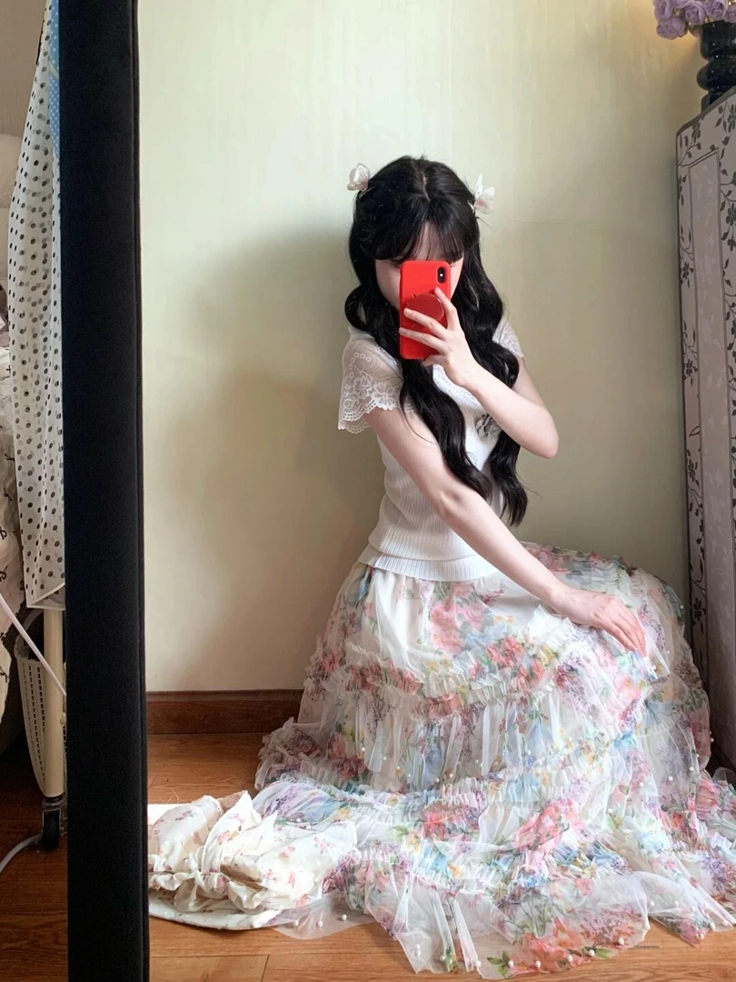 设计感重工钉珠不规则印花网纱大摆蛋糕裙蕾丝拼接V领针织衫套装