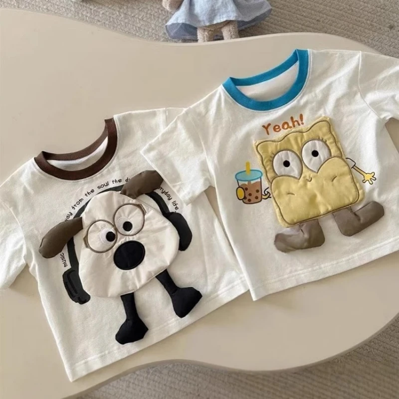 儿童短袖t恤纯棉夏天新款卡通立体玩偶男女宝宝上衣撞色拼接洋气