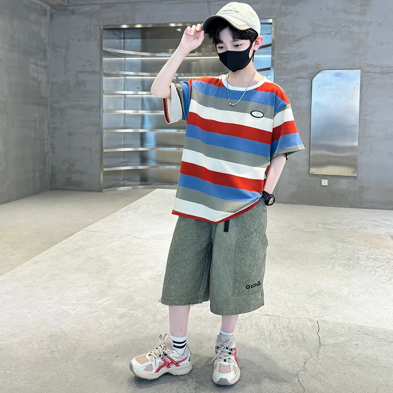男童夏装条纹套装2025新款大童男孩夏季薄款宽松胖童两件套潮衣