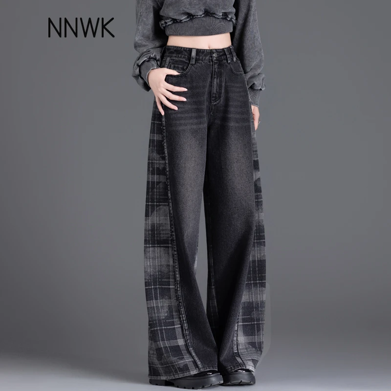 黑格拼接高腰阔腿牛仔裤女2025新款秋冬季薄绒直筒英伦风休闲长裤