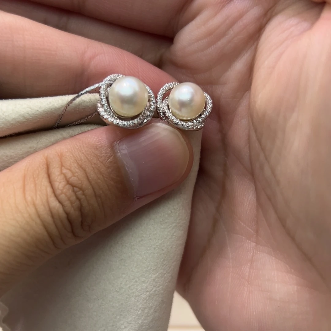 银S925镶嵌耳饰海水珍珠7.7mm海水Ak鸟巢耳钉