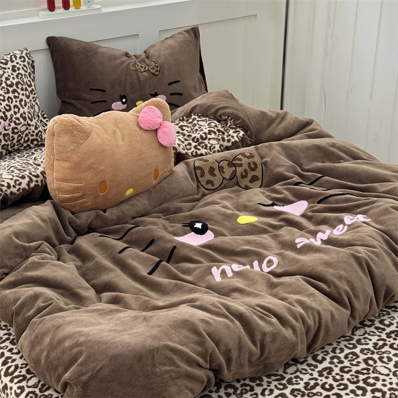 ins冬季牛奶绒豹纹咖kt猫毛巾绣被套四件套床单被罩珊瑚绒三件套