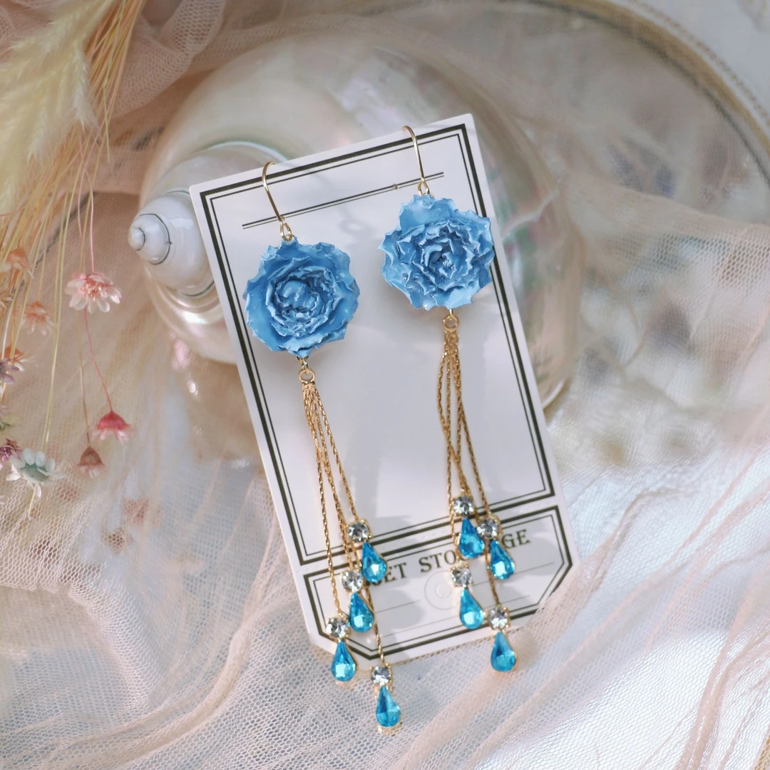 铜合金耳饰 简约蓝色玫瑰花耳环手工仙气耳饰森系甜美手作耳钉