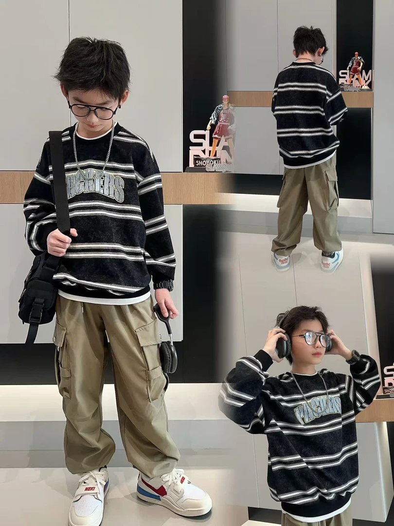 男童春季晕染横条假两件卫衣中大童潮童装