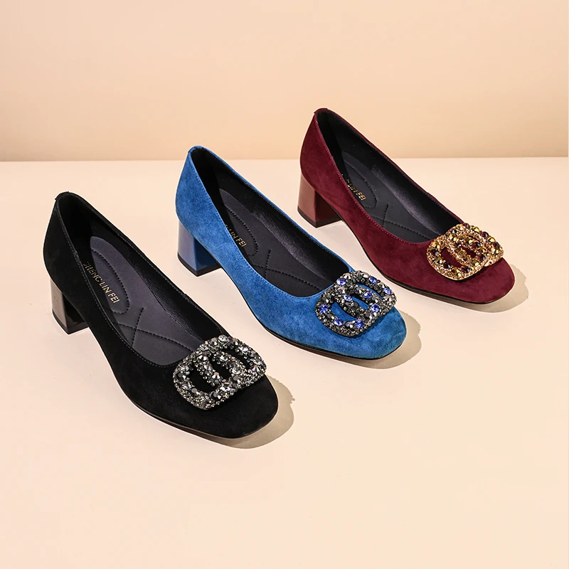 圣琳妃/羊皮/4CM羊反绒水钻方扣单鞋新款气质圆头瓢鞋D20030