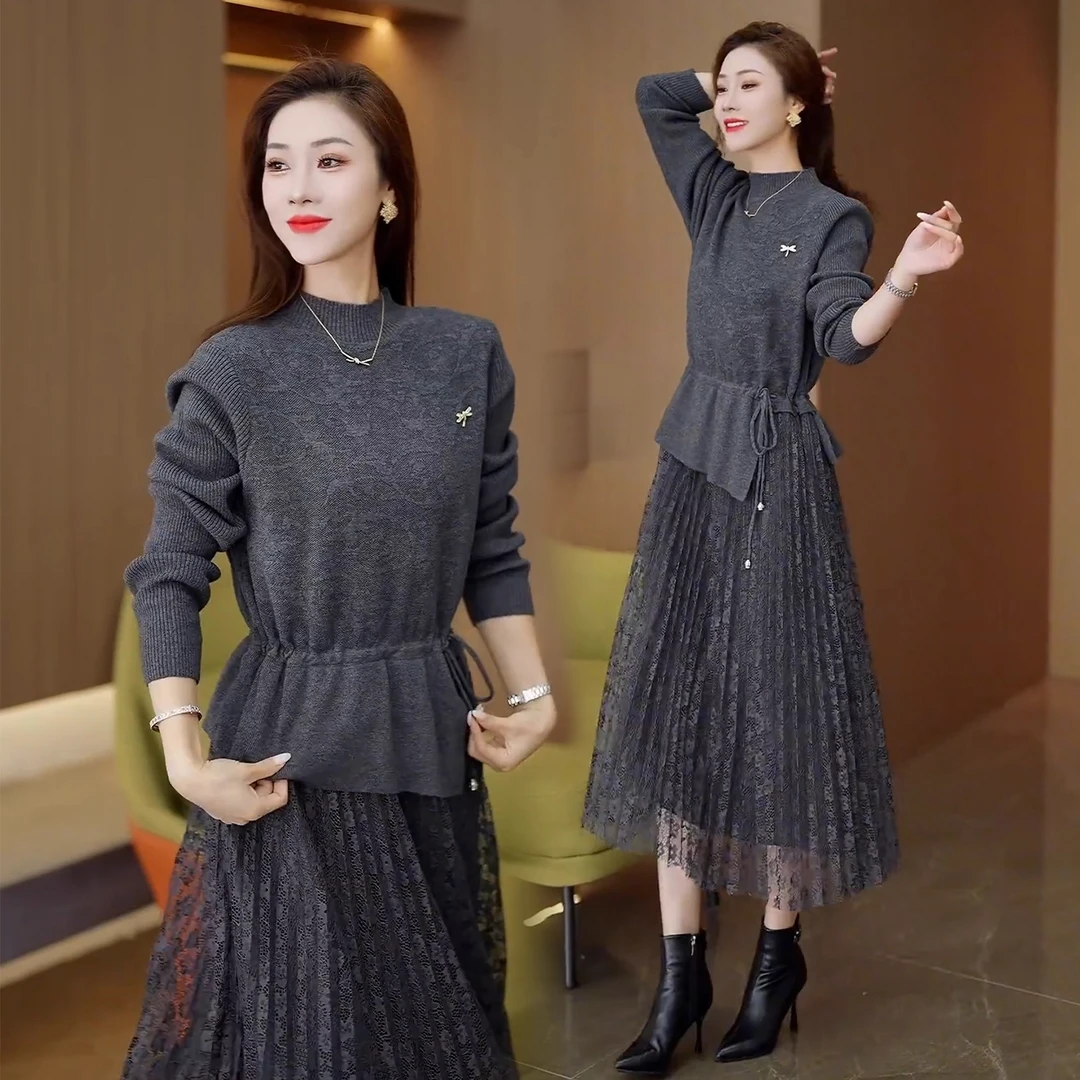 时尚针织连衣裙女2025秋冬新款洋气中长款假两件加厚毛衣打底裙子