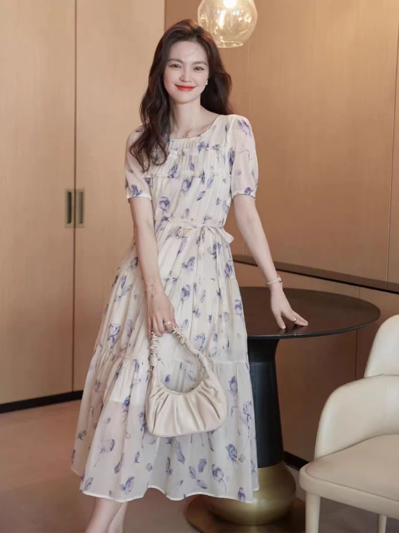 夏季长款通用中腰高腰碎花连衣裙印花时尚方领甜美气质显瘦