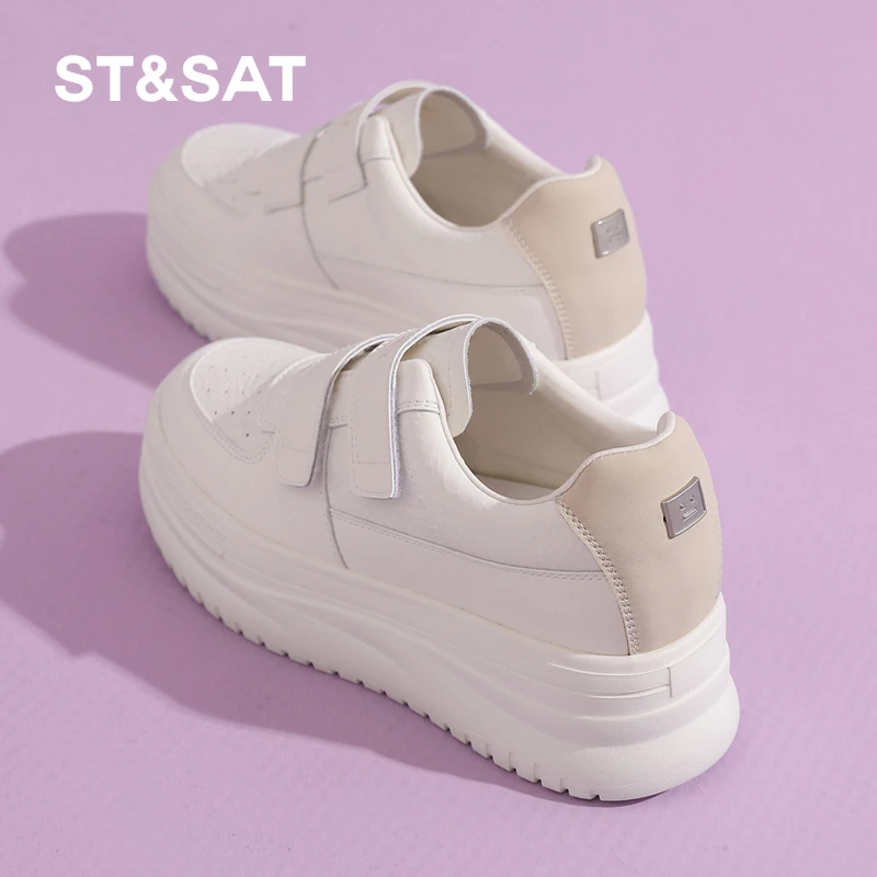 星期六百搭休闲板鞋女2025冬季新款魔术贴小个子厚底内增高小白鞋