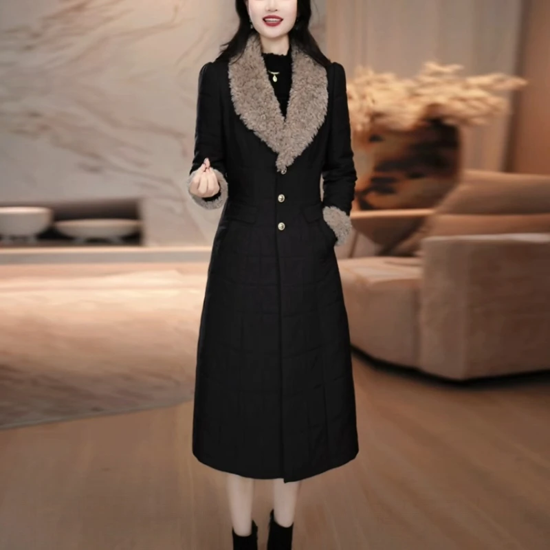蓄热棉黑色棉衣外套2025冬季新款时尚气质修身显瘦中长款过膝棉服