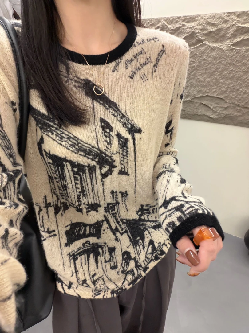 /水墨印花/水墨画国风拼色圆领针织套 胸围47 衣长59 JJ06