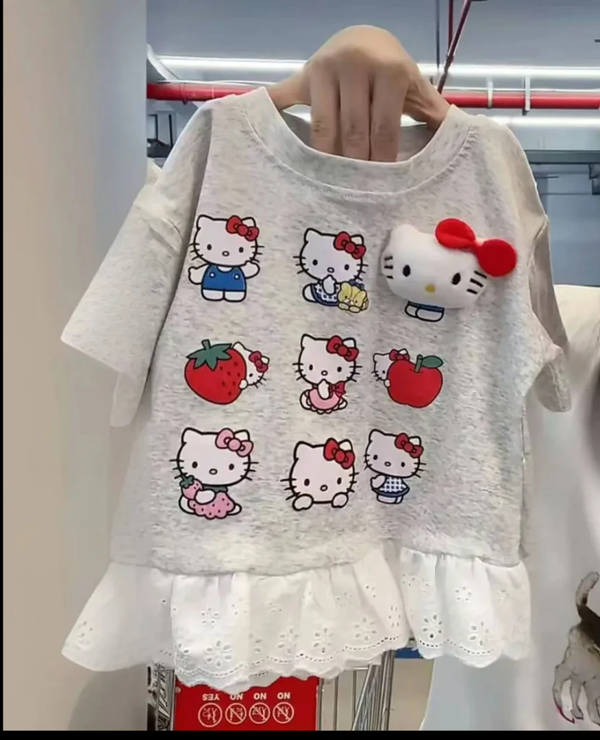 女童洋气花边短袖KT浅灰色女宝宝短袖T恤夏季印花