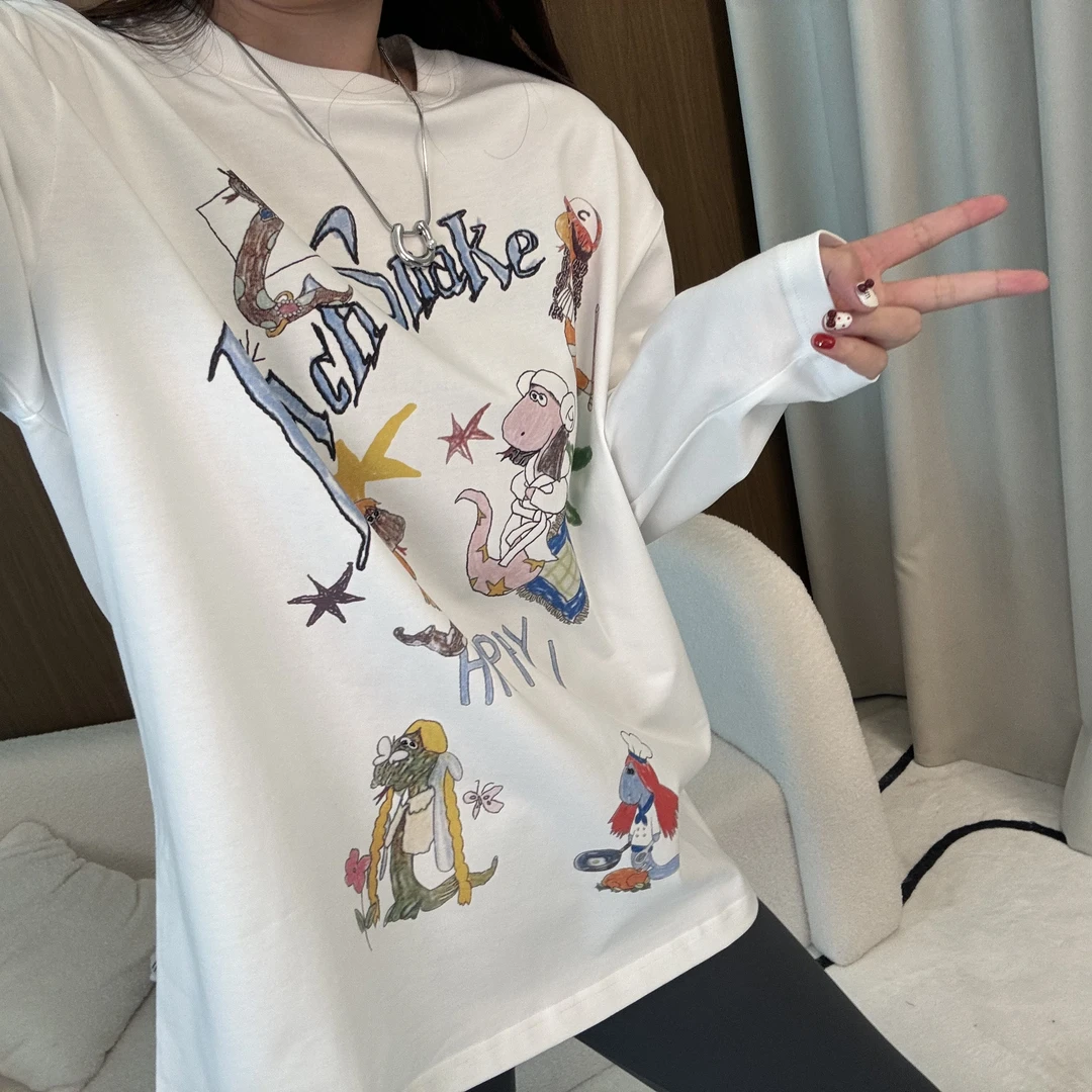 韩哈尼新品搞怪蛇涂鸦印花宽松长袖T恤重工潮牌圆领休闲纯棉时尚