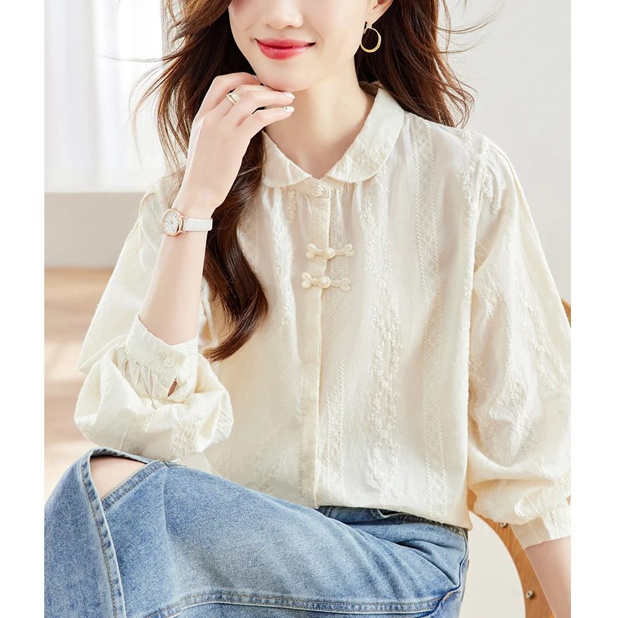纯棉绣花衬衫女春装长袖新款宽松新中式国风上衣设计感盘扣衬衣
