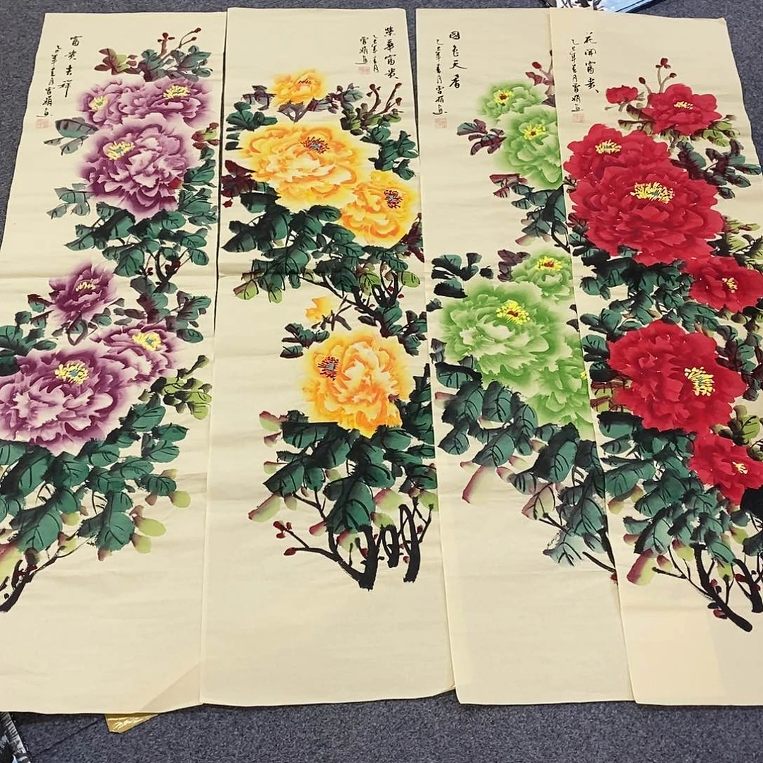 国画140✖️35四色牡丹花